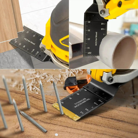 55 Piece Oscillating Tool Blade Kit With Quick Release Universal Blades in use for cutting wood, plastic, and metal pipes.