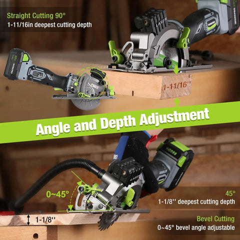 Powerful 20V Cordless Mini Circular Saw With Laser Guide, four and a half inch blade, angle and depth cutting adjustment.