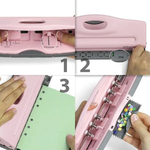 Adjustable 6 Hole Punch For Planners And Binders With 8 Sheet Capacity In Pink A5 Ready Right Out Of The Box And Versatile For Mini Pocket A6 Personal And Half Letter Paper Left Or Right Side Paper Guide
