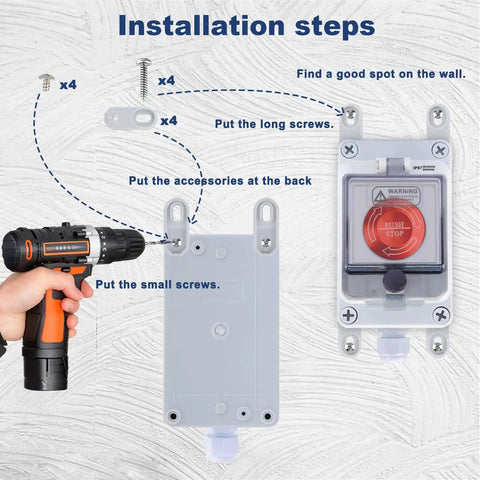 Installation steps for Heavy Duty Emergency Stop Button With Enclosure 10A 440V Industrial Shut Off Switch with drill and screws.