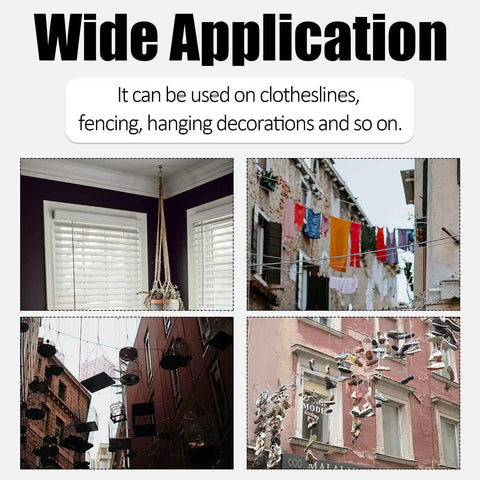 Examples of clotheslines and decorations hanging outside using eyebolts for wide application.