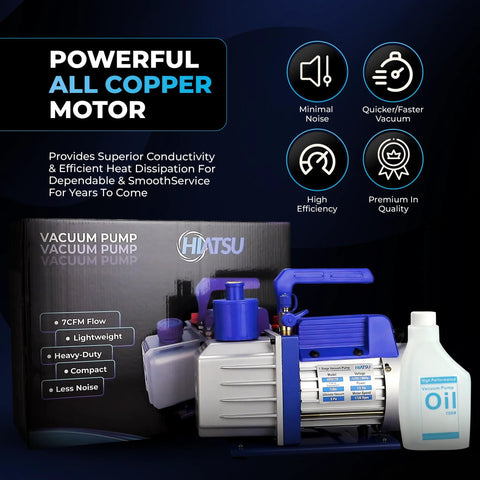 Hiatsu 7 CFM vacuum pump for automotive AC systems, blue and silver, 1/2 HP, 110V, shown with its box and oil bottle