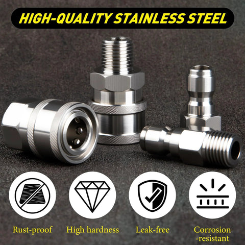 Workhorse One Quarter Inch NPT Quick Connect Fittings Kit For Pressure Washers Stainless Steel Ball Lock Adapters Four Sets Male And Female Quick Connects Internal And External Thread Easy Disconnect, showing stainless steel fittings and features.