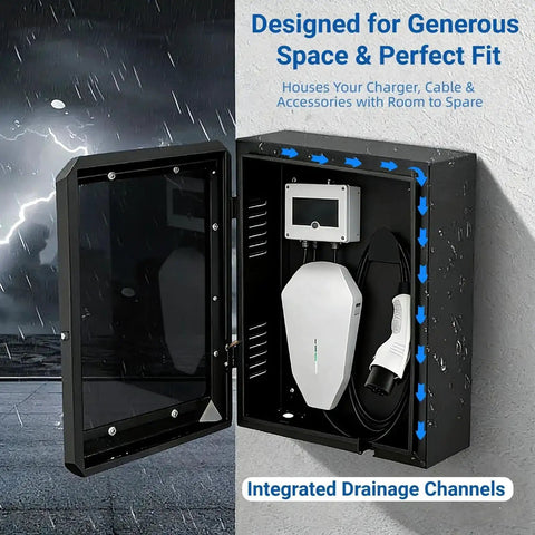 Outdoor EV Charger Enclosure With Key Lock, Floor Standing Steel Protective Box With Tempered Glass Front, open showing interior.