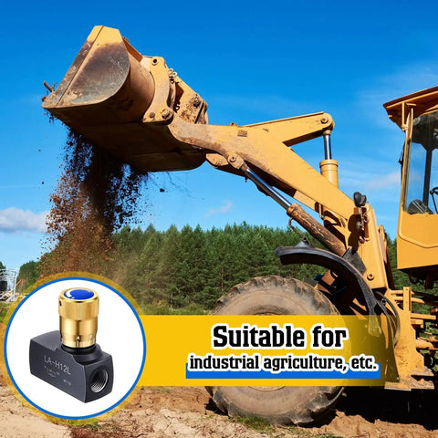 Hydraulic Flow Control Needle Valve For One Half Inch NPT Ports Dual Function Regulator With Excavator In Industrial Setting