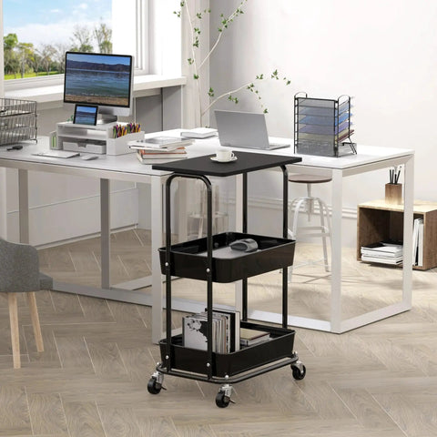 Two Tier Rolling Utility Cart With Wood Top And Lockable Wheels Metal Storage Trolley With Mesh Baskets in office setting