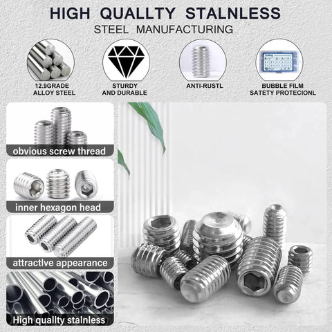 Massive 1305 Piece Metric And SAE Set Screw Kit With Internal Hex Drive Headless Screws, 304 Stainless Steel, screws close-up.