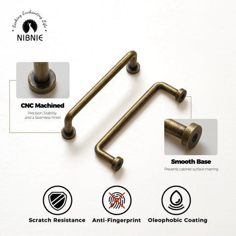 Ten Pack Antique Brass Cabinet Pulls With Center To Center Mounting Of Three And Three Quarters Inches And Four Point Three Inches Overall Length Vintage Drawer Pulls For Cabinets And Dressers Includes Screws shown with CNC machined and smooth base features.