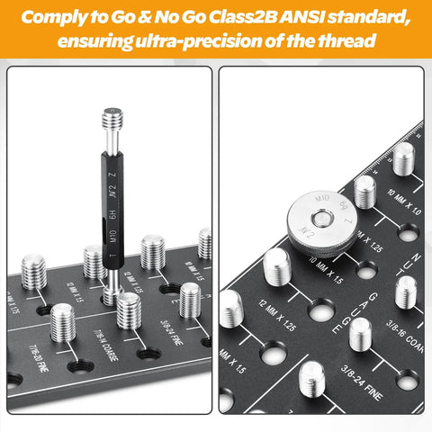 Thread Checker For Nuts And Bolts 14 Standard And 14 Metric Sizes Thread Pitch Gauge Aluminum Wall Mount view showing precise thread identifiers.