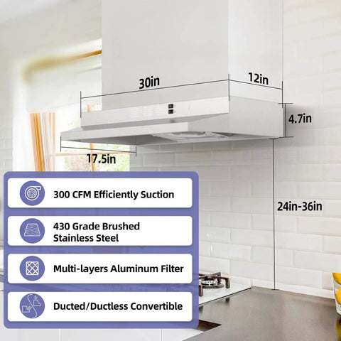 30 Inch Under Cabinet Range Hood Stainless Convertible Ducted Ductless 300 CFM installed with dimensions and features shown