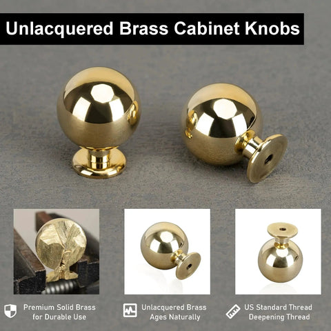 Unlacquered Brass Cabinet Knobs Five Pack Round Ball Knobs for Dresser Drawers, polished brass finish, lead-free, 1.1 inch diameter.