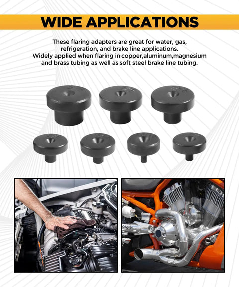 7 Piece Double Flare Adapters Set For Three Sixteenths To Five Eighths Tubing in steel with automotive applications