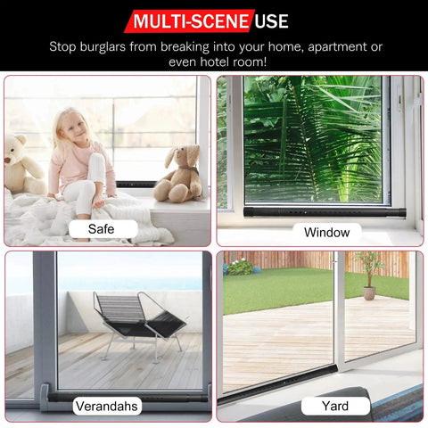 Four scenes show 1.25 Inch Diameter Sliding Door Security Bar For Home, Adjustable From 17.1 To 40 Inches, installed in various settings.
