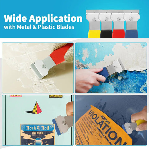 Razor Blade Scraper Kit With Four Scrapers And Forty Replacement Blades Metal And Plastic For Glass Caulk Removal and Cleaning