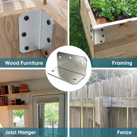4 Inch L Brackets Corner Braces For Wood in use on furniture, framing, joist hanger, and fence; square design, galvanized metal, durable build