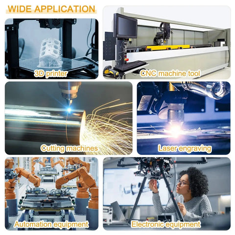 Collage showcasing 3D printer, CNC machine tool, cutting machines, laser engraving, automation, and electronic equipment applications.