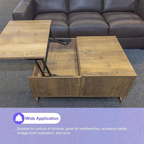 Lift Up Top Coffee Table Mechanism Set Of 2, 9.4 Inch Lift Hardware With 100 Lb Load Capacity, shown installed on wooden table.