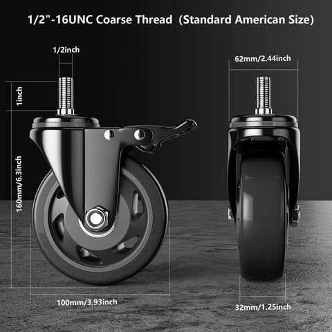 Four Inch Stem Caster Wheels Set Of Four Heavy Duty With Half Inch 13 UNC X 1 Threaded Stem Dual Lock Brakes Industrial Castors For Cart And Furniture 2000 Lbs Capacity Per Caster Ideal For Mobile Carts And Industrial Equipment Use shown with dimensions