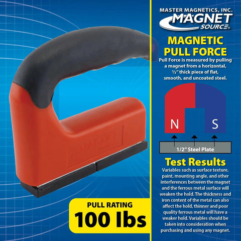100 Pound Pull Magnetic Lifter With Ergonomic Handle Red shown in side view on a blue background with text about pull force and rating.