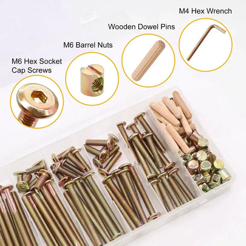 All In One Crib Screws And Nuts Kit For Beds Chairs And Furniture With Barrel Nuts And Wooden Dowel Pins Wrench Included 54 Pieces In 9 Sizes M6 Screws Ranging 16 To 80mm shown with components in box viewed from top