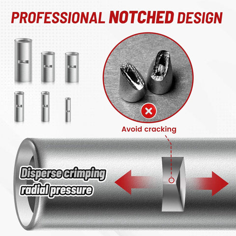 Uninsulated Butt Connector Kit Copper Wiring Ferrules 26 To 8 AWG 6 Sizes 100 PCS Non Insulated Wire Connectors with notched design showing pressure dispersal.