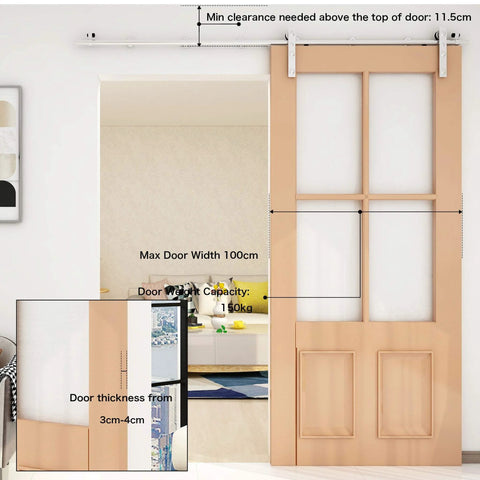 9Ft Stainless Sliding Barn Door Hardware Kit For Single Wooden Door Super Smooth And Quiet Fits 54 Inch Door Panel J Shape Hanger Heavy Duty Stainless Steel Track With Aluminum Rail Holds Up To 220 Lbs installed view