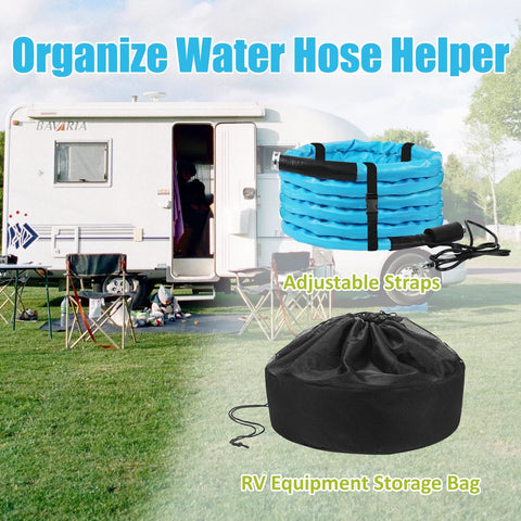 Blue coiled heated RV water hose, 30 ft, 5/8 in ID with adjustable straps and storage bag
