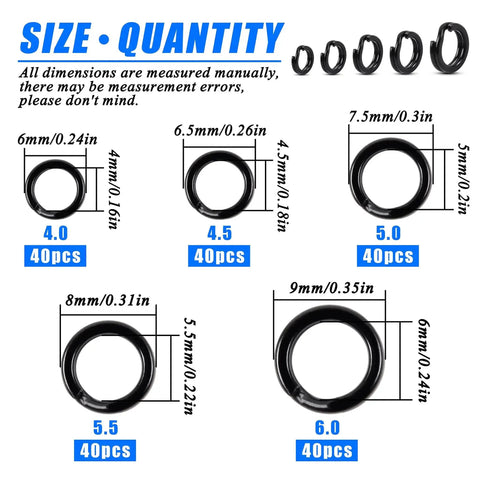 Fishing Split Rings Assortment Kit With 200 Pcs Stainless Steel Rings, sizes 4.0 to 6.0 mm, showing ring sizes and quantities