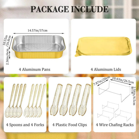 Four Sets Disposable Chafing Dishes Buffet Set With Chafer Wire Racks and Buffet Stand Kit Aluminum Pans Lids Utensils