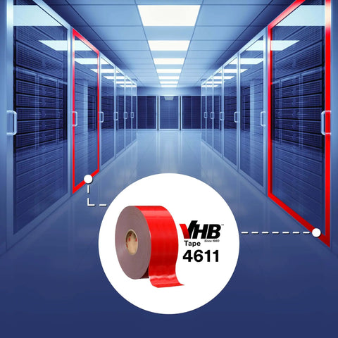 VHB double-sided acrylic foam tape 4611 dark gray, high-temp structural mounting adhesive, shown in server room application