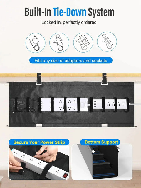 Upgraded No Drill Under Desk Cable Management Tray With Fabric Cord Hider 28.4 Inch Wire Organizer With Power Strip Tie-Down System