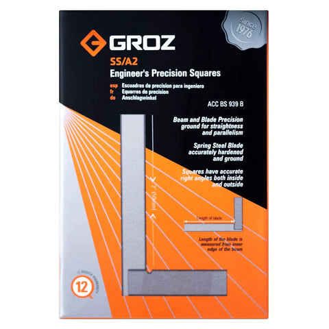 Front view of Groz 01000 2 Inch Precision Steel Square For Accurate Right Angles In Woodworking And Machining With 16 Micron Squareness
