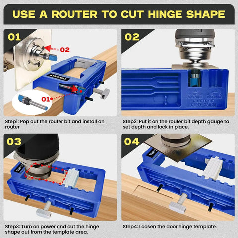 Blue Door Hinge Jig And Router Template For 3 To 5 Inch Hinges, demonstrating installation steps on wooden surface.