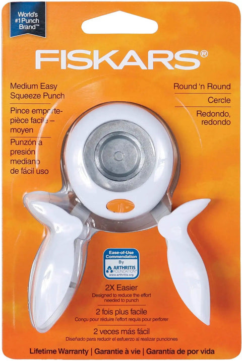Packaging of 1 Inch Circle Squeeze Punch For Card Making And Scrapbooking Up To 2x Easier To Punch White And Navy Blue Craft Punch