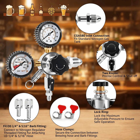 Draft Beer Nitrogen Regulator With Dual Gauges For Nitro Systems 0 To 3500 PSI Tank And 0 To 100 PSI Output CGA580 With Relief Valve