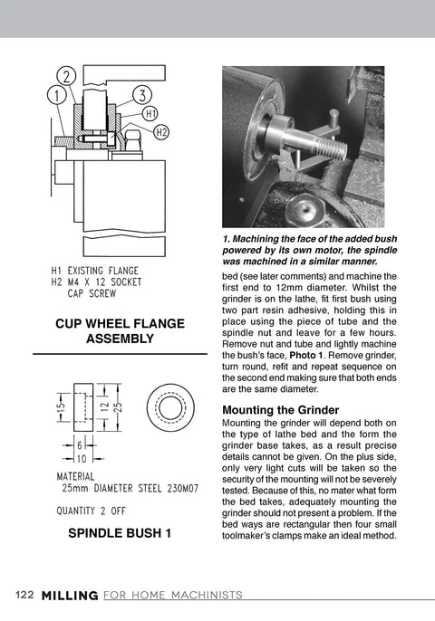 Milling For Home Machinists A Project Based Course That Builds Your Milling Skills With 8 Hands On Projects For Clamps Parallels An Angle Plate A Dividing Head A Milling Cutter Sharpener And More, showing cup wheel flange assembly and spindle bush diagram, with mounted grinder in use.