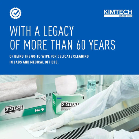 Kimtech Science KimWipes box next to delicate task wipes for lab glassware with a legacy message in background.