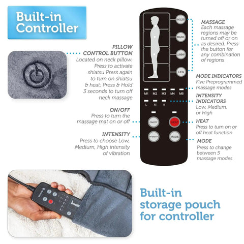 Full Body Massage Mat With Movable Neck Pillow Ten Vibrating Motors And Four Heating Pads From Neck To Feet For Deep Back And Leg Massage Perfect Home Spa Gift For Mom This Mother's Day, showing built-in controller and storage pouch.