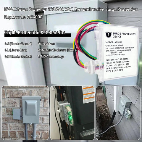 Whole House HVAC Surge Protector With TPMOV Tech, watertight enclosure, installed on exterior wall, lightning protection visible