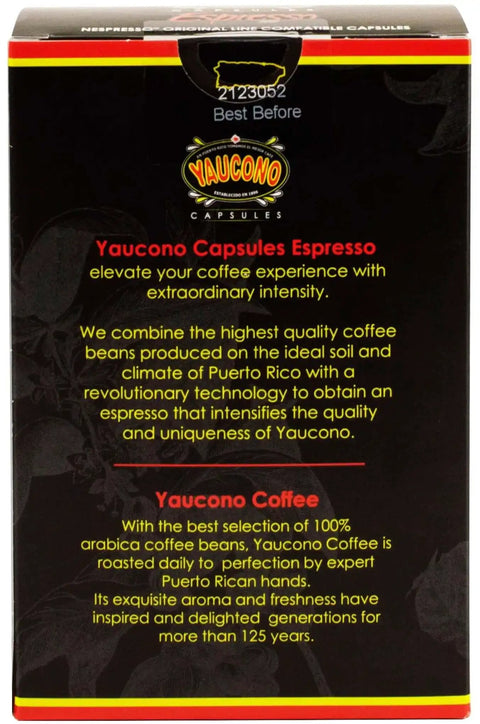 Yaucono Coffee box for Espresso Capsule Pods, Puerto Rico Coffee Intense Espresso Roast, 100% Arabica, Nespresso Machines compatible.