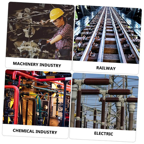 Collage showing machinery industry, railway tracks, chemical industry equipment, and electric power infrastructure.