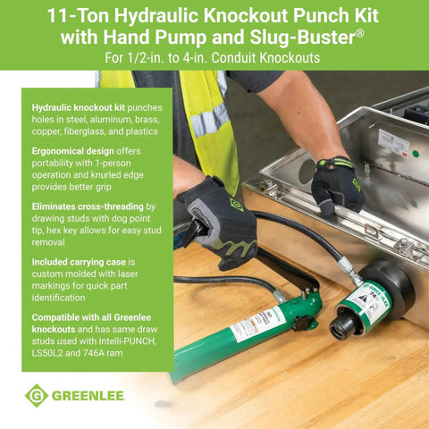 Person using 11 Ton Hydraulic Knockout Punch Kit with Hand Pump and Ram, from half inch to four inch slug buster punches on toolbox.