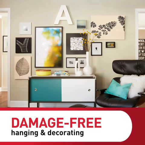 Image of living room with art gallery wall using Large Picture Hanging Strips Set for Frames Up To 24 x 36 Inches, 28 Strips, 14 Pairs.