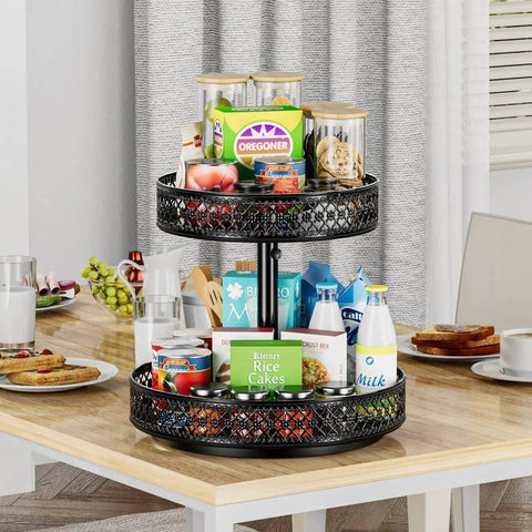 Two Tier Lazy Susan Organizer Turntable Spice Rack 12 Inch Adjustable Metal Rotating on dining table with food items