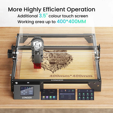 Ray5 5W Laser Engraver With 3.5 Inch Touch Screen And 400x400mm Bed For Wood Metal Acrylic Glass Offline CNC Laser Cutter 0.08mm Spot High Speed With Higher Accuracy For DIY Projects, showing laser etching a design on wood.
