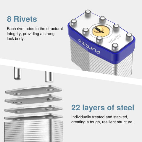 Eight rivets and 22 steel layers details of Three Pack One And A Half Inch Shackle Heavy Duty Padlocks With 40mm Hardened Steel Bodies Keyed Alike.