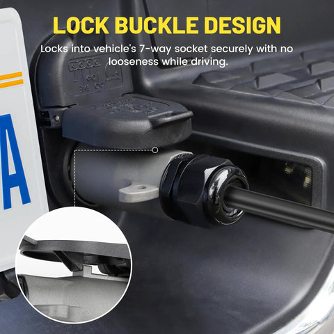 Beefy 7 Pin RV Trailer Plug With IP68 Waterproof Seal Detachable 7 Way Round RV Style Trailer Side Connector Weatherproof 7 Point Trailer Wiring Plug Pro installed in vehicle's 7-way socket with lock buckle design.