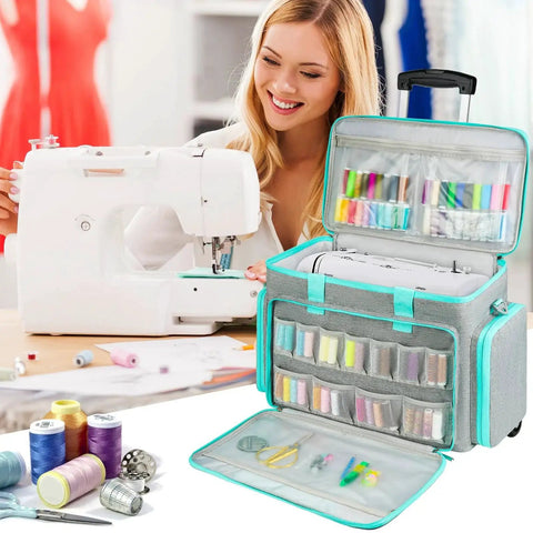 Woman using sewing machine next to a rolling sewing machine case with wheels and trolley handle, spacious carrying bag for most standard sewing machines and accessories, padded interior and durable exterior, main compartment measures 17.5 x 9.5 x 12.5 inches, compatible with Singer Brother