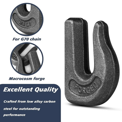 Close-up of Eight Pack Weld On Chain Grab Hooks 3/8 G70 Forged Heavy Duty 6600 Lb WLL, showcasing forged detail and markings.