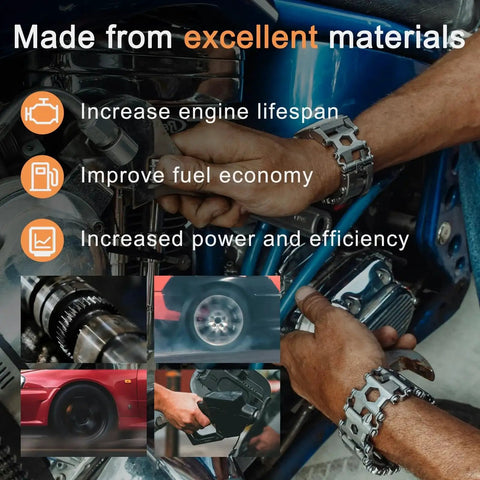 Man installing 12V Universal Inline Fuel Pump Low Pressure 2.5 To 4 PSI, 30 GPH, 8mm Hose on blue engine, focus on materials